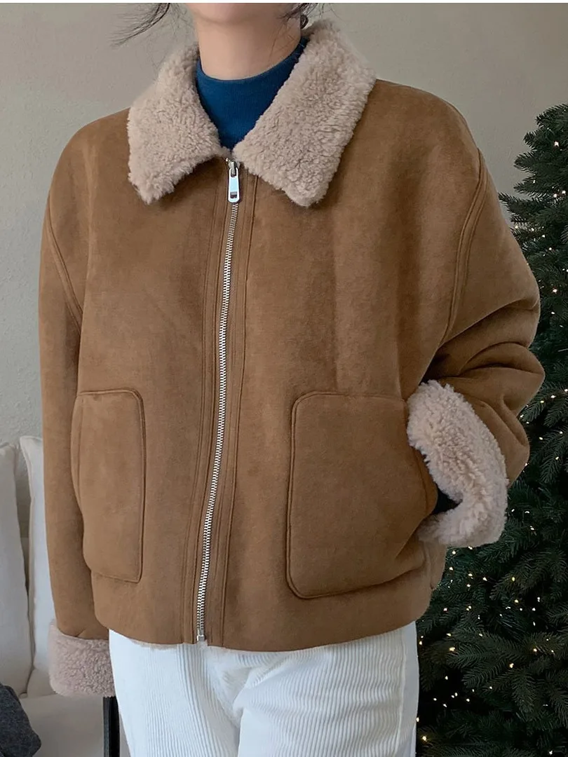 Thiened الدافئة فرو الضأن Jaet المرأة الخريف الشتاء فضفاض الفراء الجلود Inteated دراجة نارية الملابس الملابس القطنية