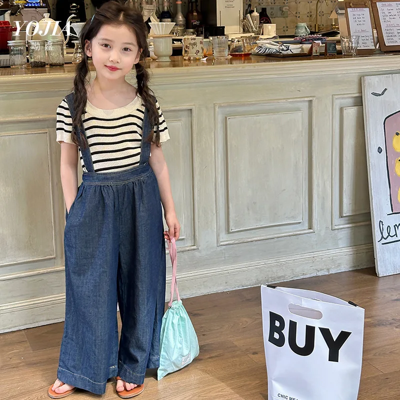 

Girl Clothes Suit Girls Jeans Summer 2024 New Korean Style Wide-leg Pants Thin Suspenders Children Pants Summer 2-piece Set