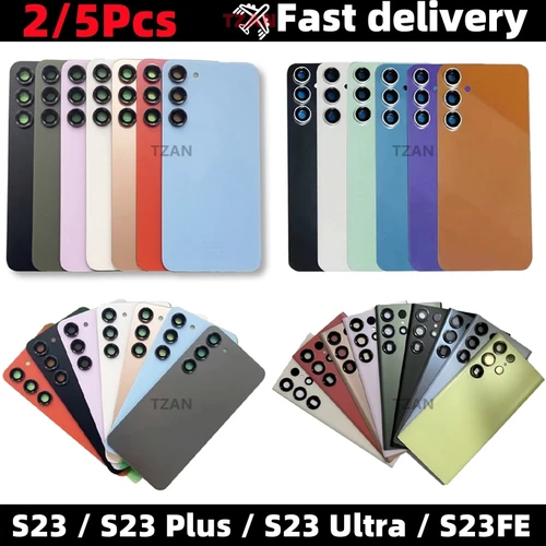 후면 유리 패널 배터리 커버, 카메라 렌즈 및 접착식 후면 문짝 하우징, 삼성 갤럭시 S23 S23Plus S23Ultra S23FE, 2 개, 5 개 100% 테스트를 거친 OEM 품질 