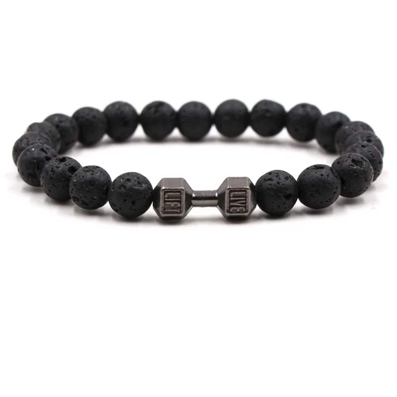 Natural Black Volcanic Lava Stone Dumbbell Bracelet black Matte Beads Bracelets For Women Men Fitness Barbell Jewelry Pulseras