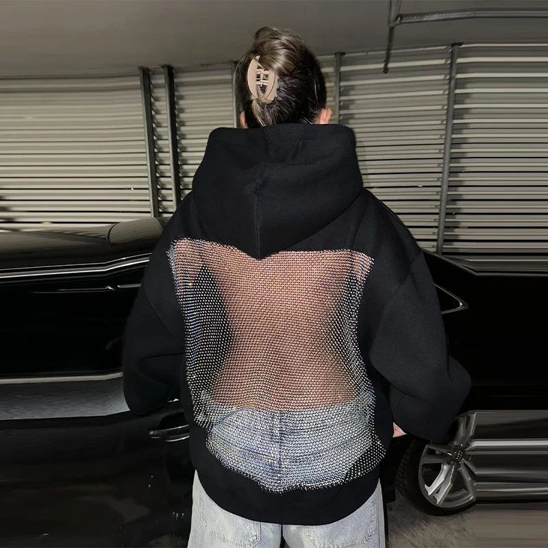 Damska kurtka z kapturem w stylu hip-hop z ażurowej siateczki, gotycka, luźna bluza dresowa w stylu Kpop, modny sweter na ulicę, nowa kolekcja 2025, odzież wierzchnia w stylu Y2k.