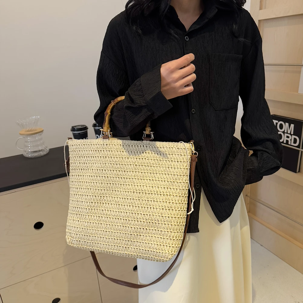 Women Straw Woven Handbag Summer Beach Bags Large Capacity Handmade Straw Bag with Bamboo Handle Drawstring for Party Vacation