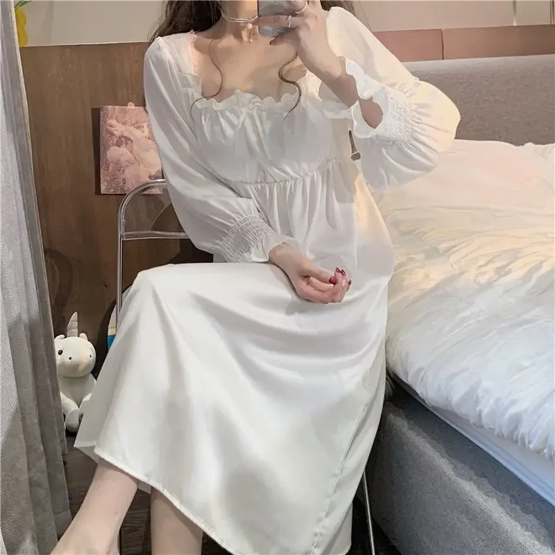 Ruffles Women Nightgown Korean Sleepwear Square Collar Nightwear Solid One Piece Pajamas Autumn Lace Sleeping Night Dress New