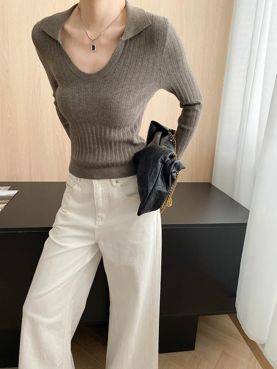 

Women's casual solid color U-neck slim fit slimming pit stripe long sleeved base knit sweater