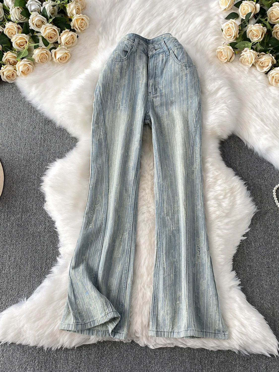 

Американские синие джинсы в стиле ретро, широкие брюки с высокой талией, женская повседневная одежда, летние модные светло-голубые потертые брюки-колокольчики