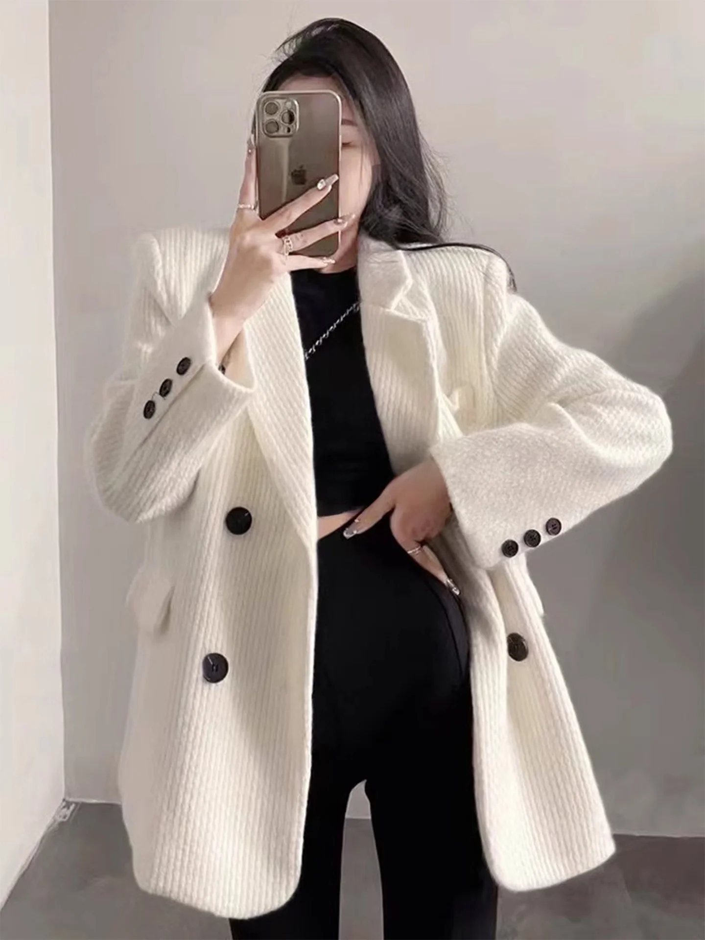 

Женское белое вельветовое пальто Rouje Kefss из осенней коллекции в корейском стиле, повседневное, для работы, с длинными рукавами, средней длины