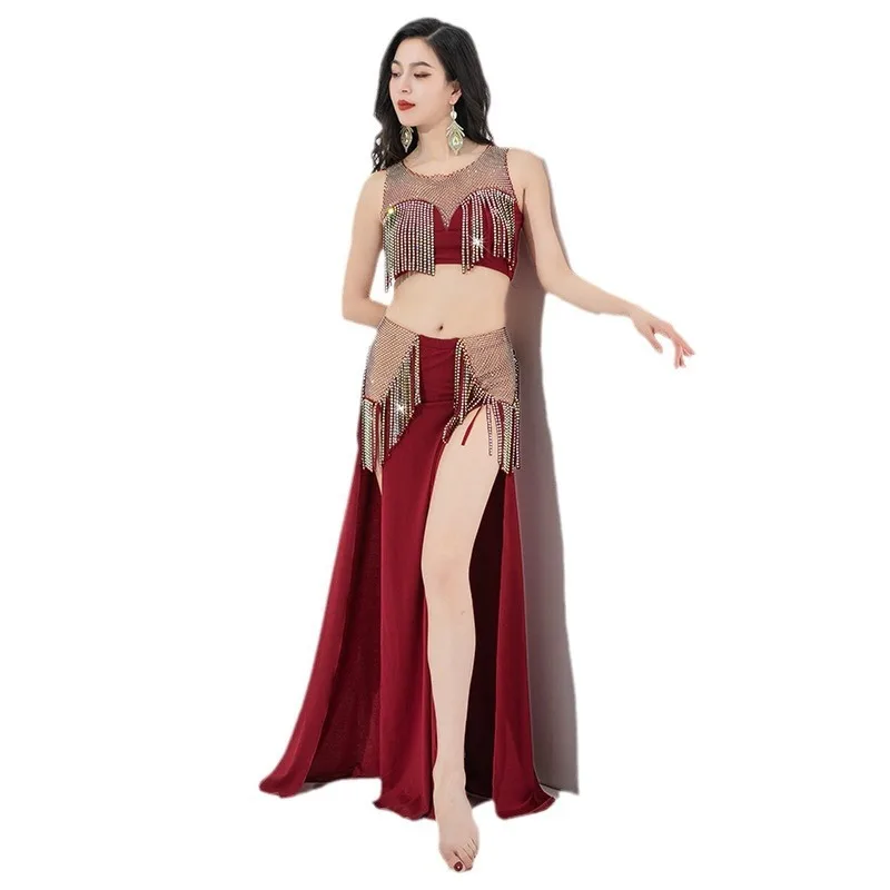 Customized Belly Dance Costumes Double Split Leg Show Light Luxury Belly Dance Practice dress Performance wear tassel top skirts