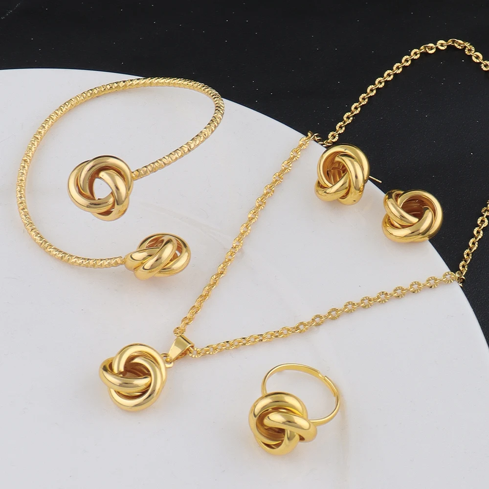 

4pcs Set Classic Trendy Gold Color Circle Fried Dough Twist Necklace Earring Bracelet Ring for Women Design Sense Gifts
