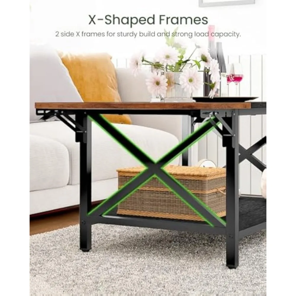 47.2" Folding Coffee Table, 2-Tier Extendable Coffee Table, Rustic Brown and Black TKF02BF