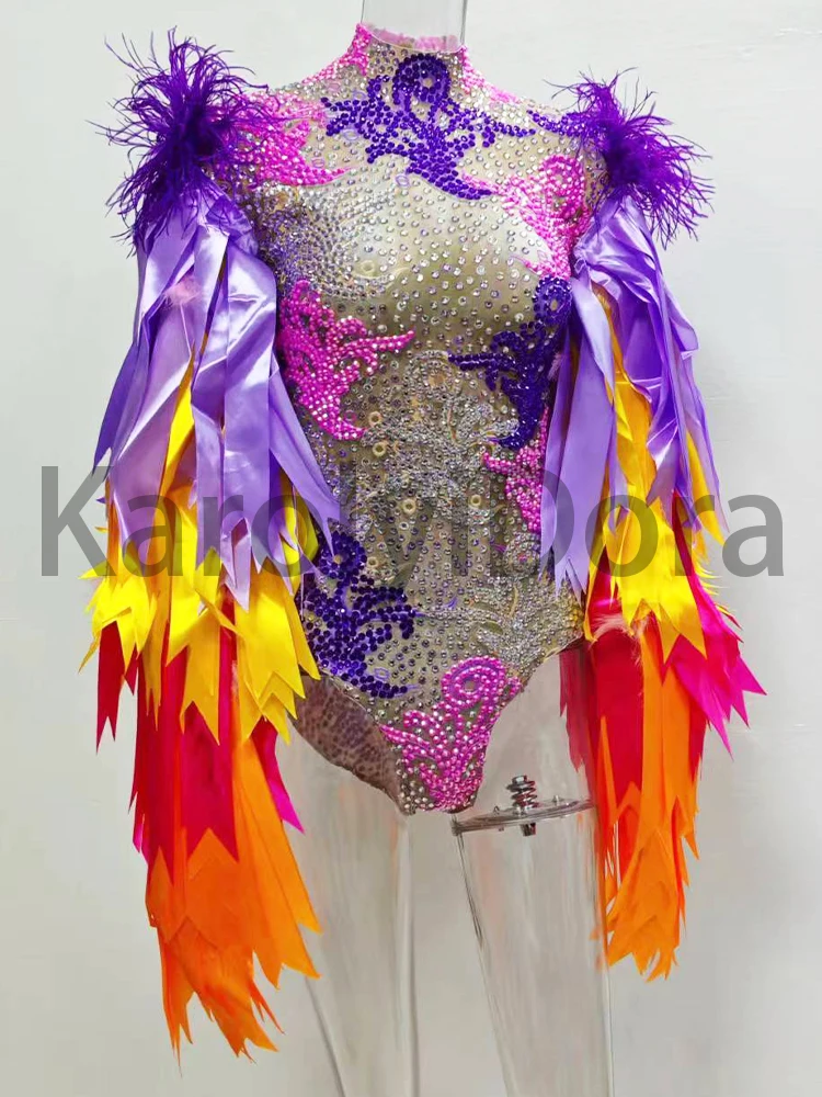 Colourful Feather Sleeve Rhinestone Bodysuit Women Nightclub Bar Party Outfit Performance Dance Costume Dropshipping