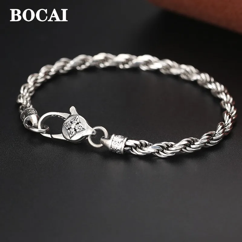 BOCAI 4MM Trendy 100% S925 Silver Retro Six-character Mantra of Buddhism Vajra Hand-woven Hemp Rope Bracelet for Men and Women