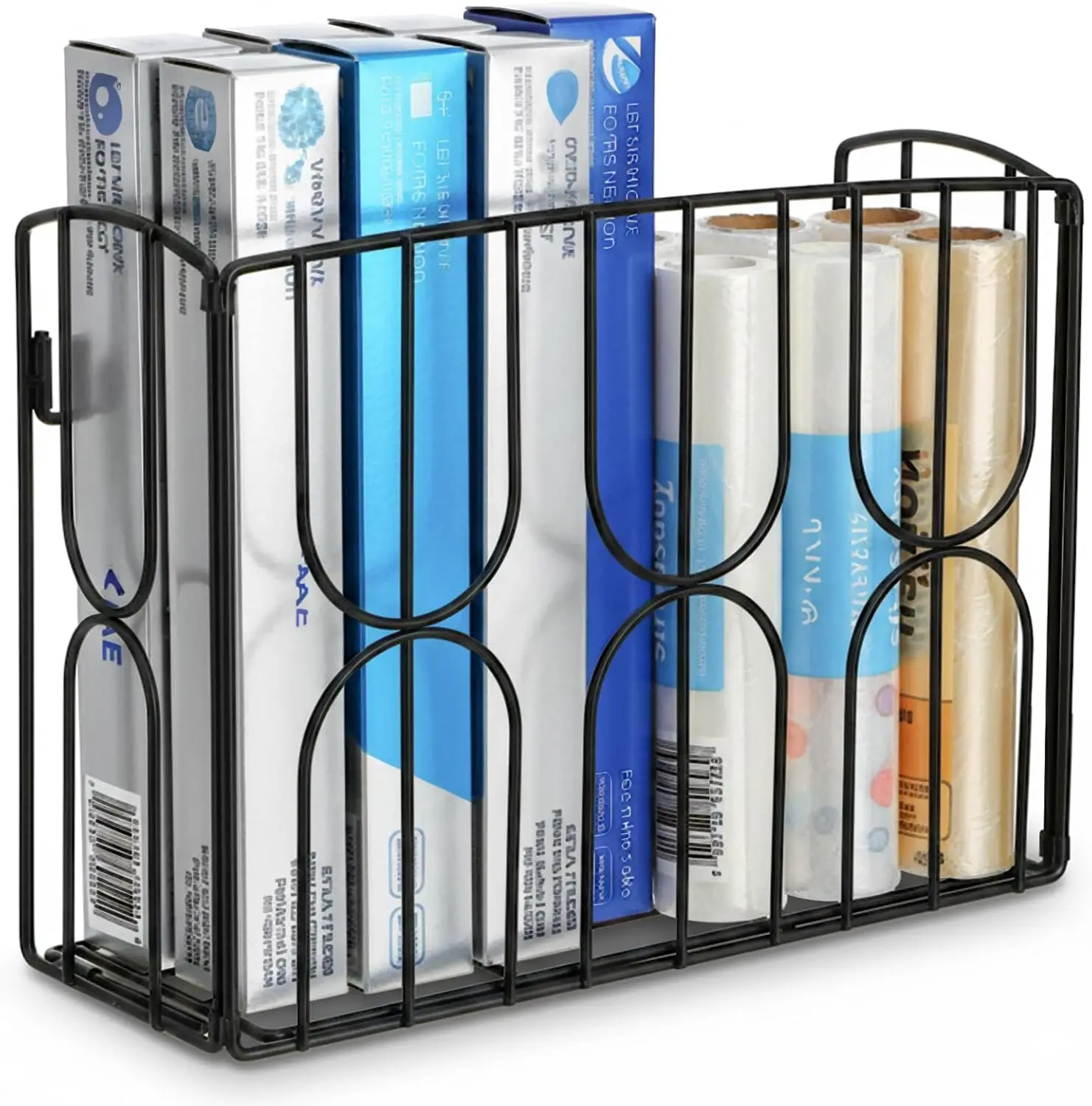 

Wall Mount Kitchen Wrap Organizer Rack, Sturdy Metal Storage Basket for Foil, Bags, Cutting Boards, Black