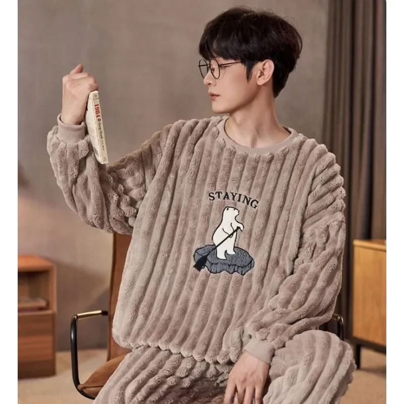 Coral Fleece Thickening for Warmth Flannel Large Size Emboitement Pajama Set Pajama for Men Autumn Winter Gentleman Pajamas