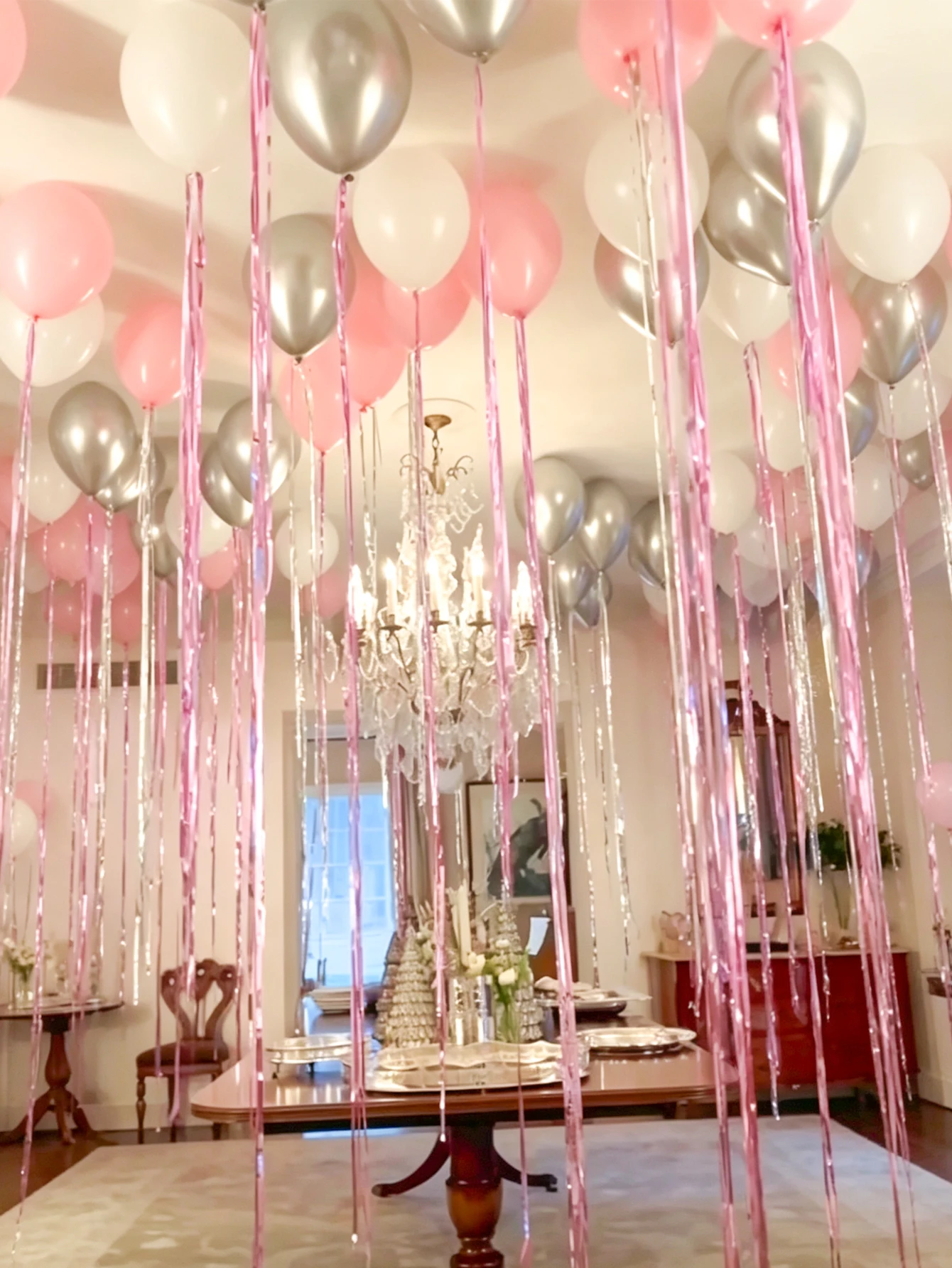 32pc Pink and Silver Rain Curtain Latex Balloon Set, containing pink, white, and silver latex balloons, suitable for parties, an