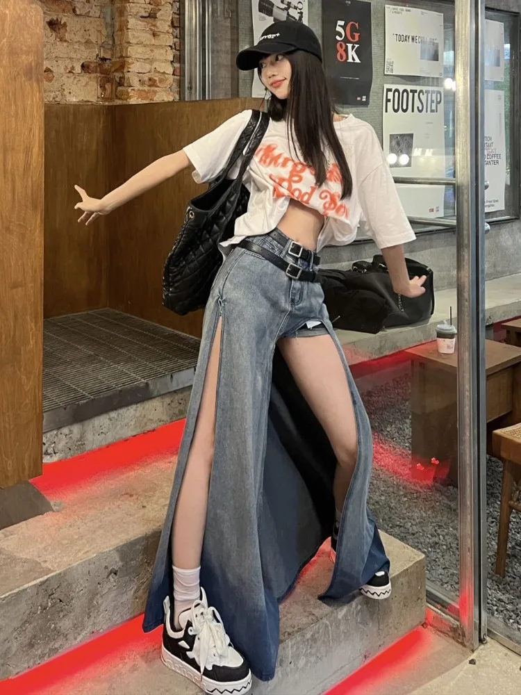 ADAgirl Y2k Blue Denim Split Skirt Women Irregular Gradient High Waist Long Skirts American Retro Streetwear Design Skirt Summer