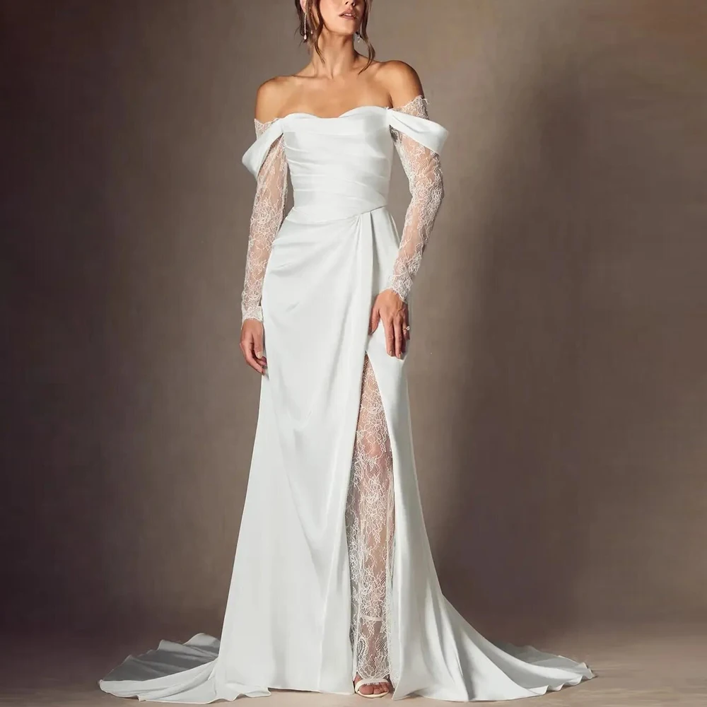 Maßgeschneiderte Satin-Meerjungfrau-Gerichtshochzeitskleider mit langen Ärmeln, Spitze, Gartenhochzeitskleider, schulterfreies Brautkleid mit Knöpfen