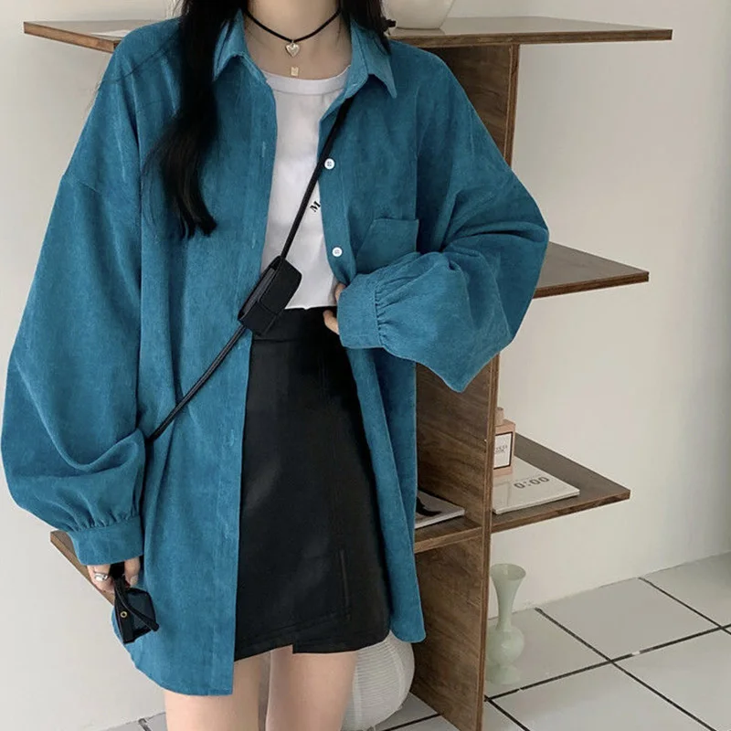 Spring Autumn New Korean Fashion Buttons Solid Color Loose Blouse Femme Simplicity Pocket Turn-down Collar Women Shirts Coat