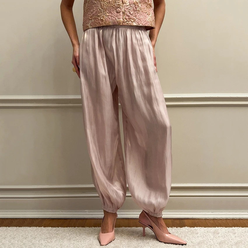 Retro Fashion Elegant Shiny Solid Color Commuting Pleated Pants Loose High Street Retro Women's High Waisted Lantern Pants