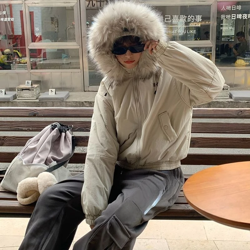 

Винтажная хлопковая куртка с капюшоном в американском стиле, женская утолщенная теплая зимняя парка с меховым воротником, уличная дизайнерская повседневная парка