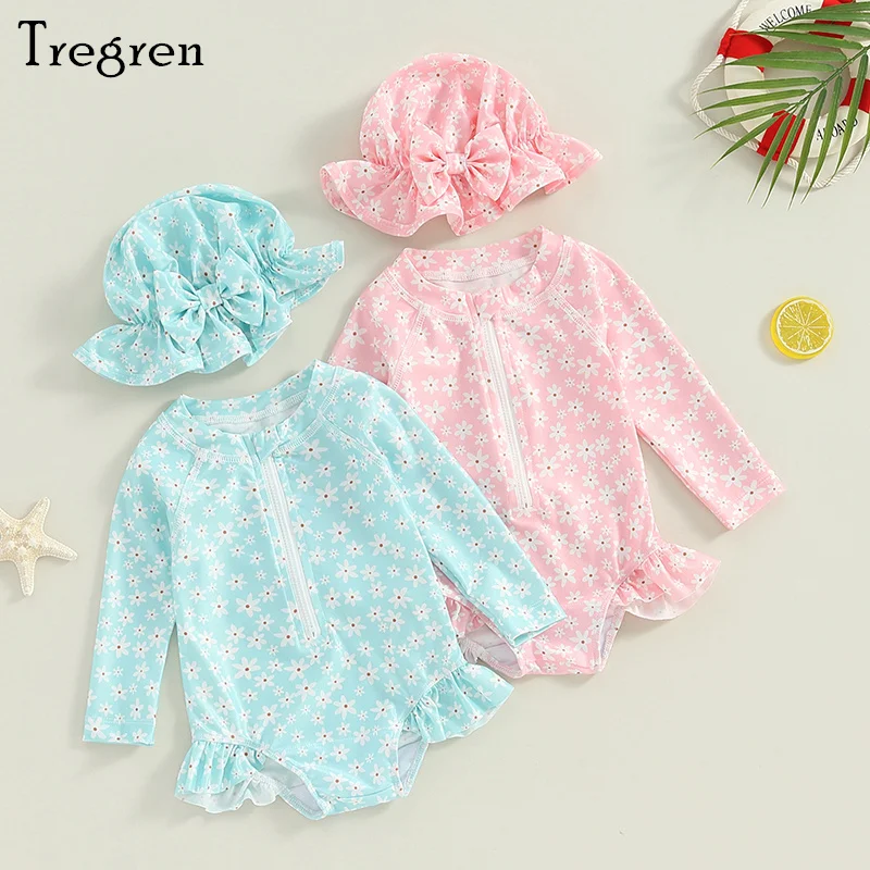 

Tregren Toddler Baby Girls Rash Guard Swimsuit Rompers Long Sleeve Floral Print Ruffles Bathing Suit Swimwear with Swim Caps