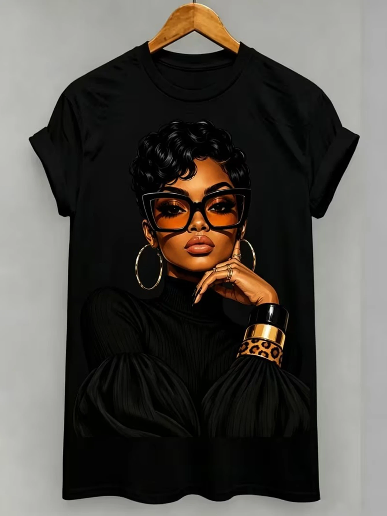 Women's Fashion Black Printed Short-sleeved T-shirt, Casual Crew Neck Top, Summer Daily Wear