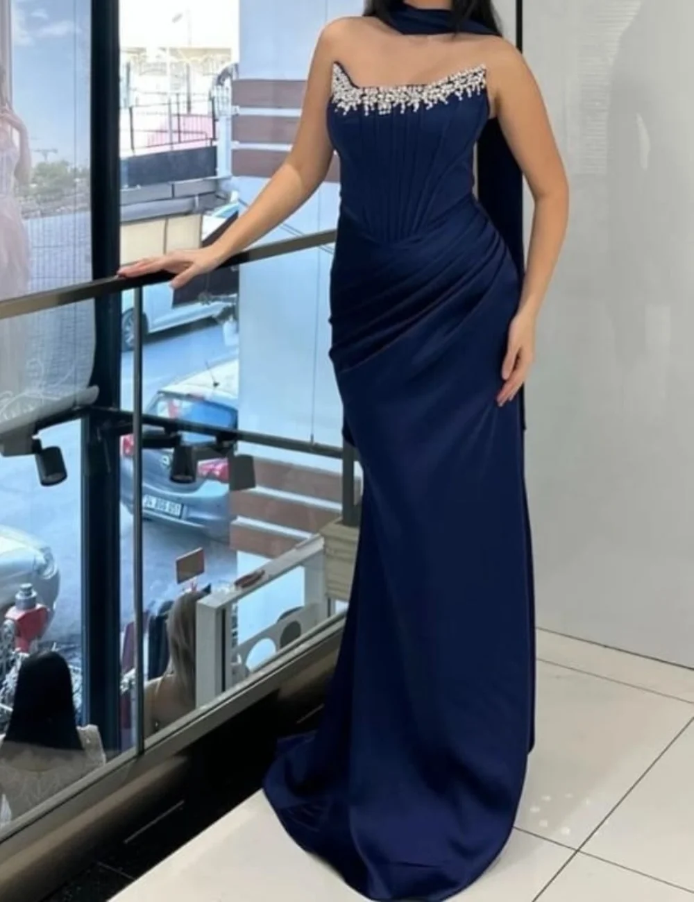 Customized Navy Blue Pleat Rhinestone Draped Mermaid Strapless Floor-Length Evening Dresses Sizes Available For Birthday Party
