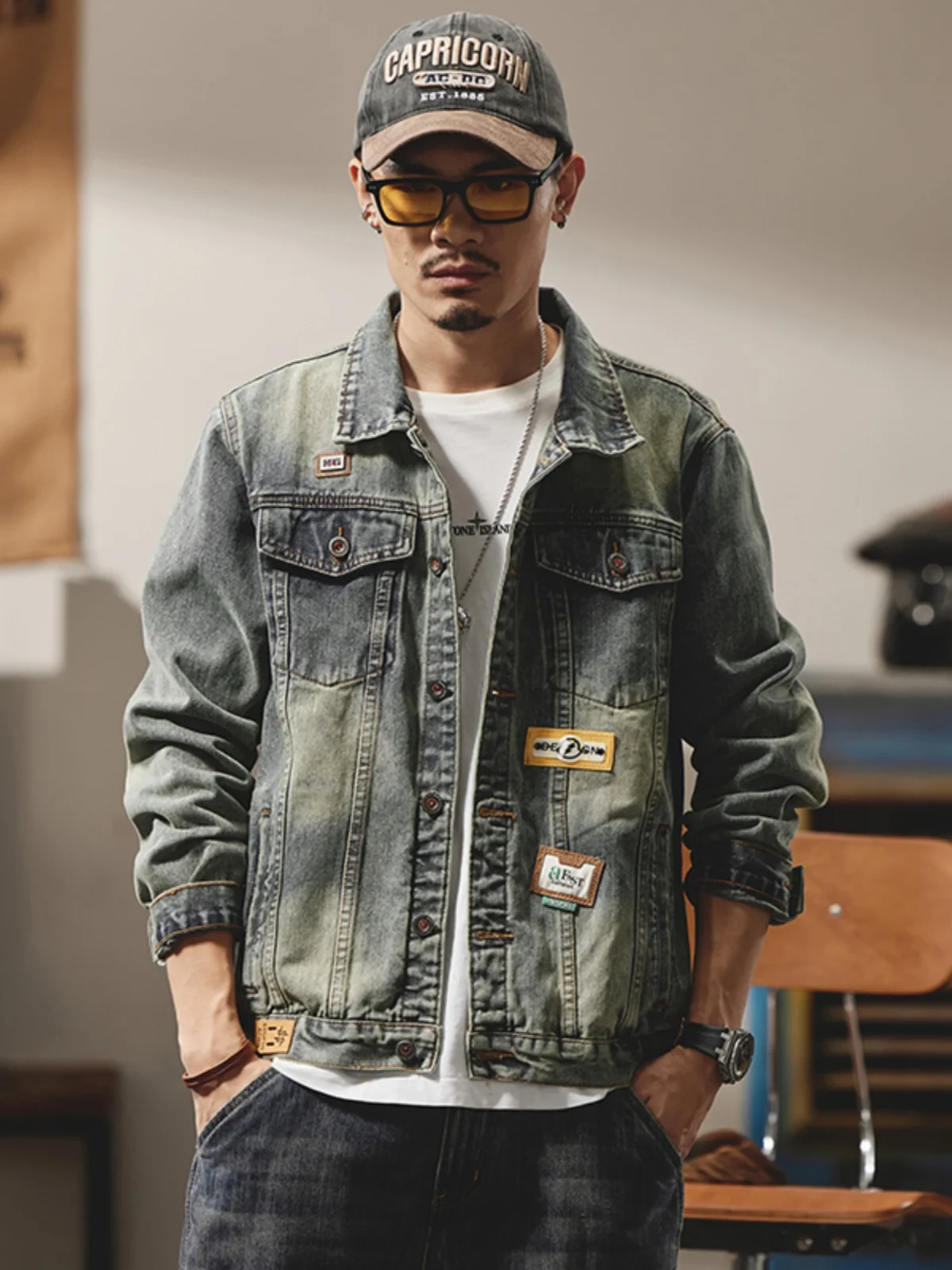 

High-End Men's Motorcycle Sle Embroidered Denim Jaet Spring Autumn Faionable Retro European Cargo Coat Outerwear