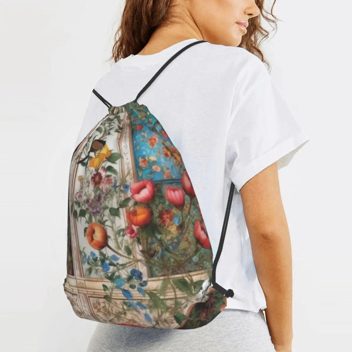 Ornate Floral Garden Architecture With Songbirds Backpacks Casual Drawstring Bundle Pocket Storage Bag Book Bags for Man Woman