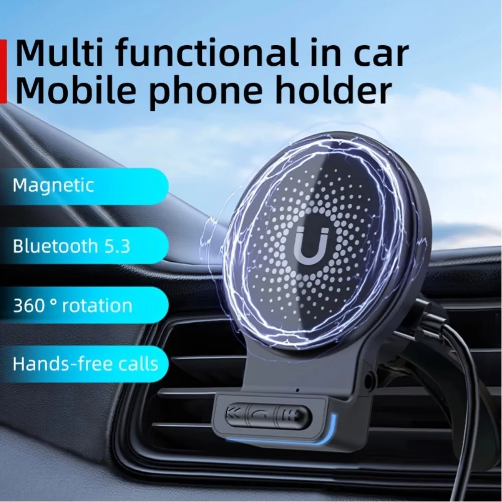Car Cell Phone Holder With BT 5.3 Hands-Free Calling 3.5mm AUX Output Car Wireless Charger Cable Blue Ambient Lighting