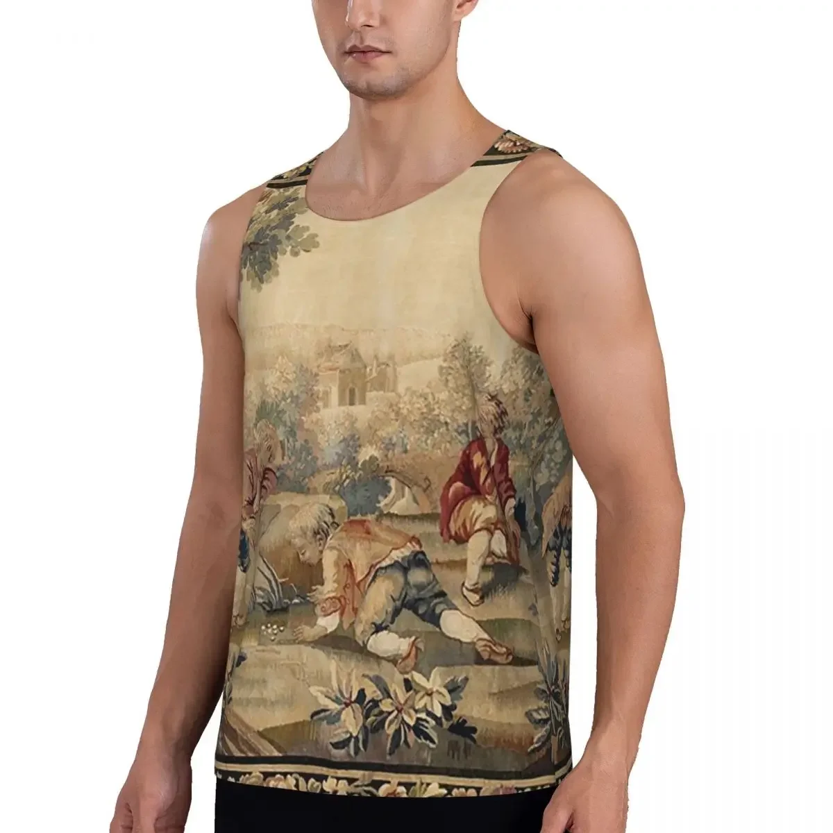Quick Dry Aubusson Antique French Tapestry Print Gym Tank Muscle Sleeveless Shirt Bodybuilding Breathable Vest