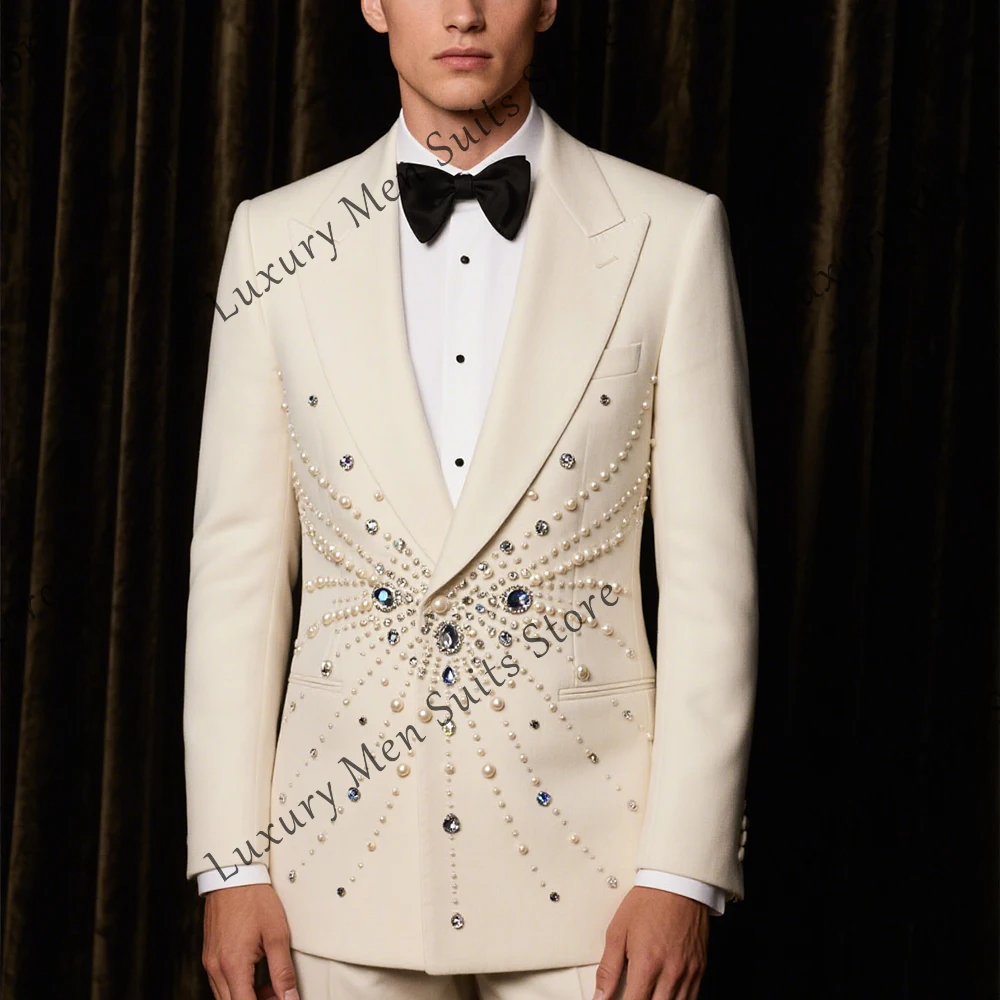 

Luxury Pearls Male Suits 2 Pieces Jewelry Tuxeods Evening Party Groom Outfits Customized Blazer Pants traje juvenil masculino