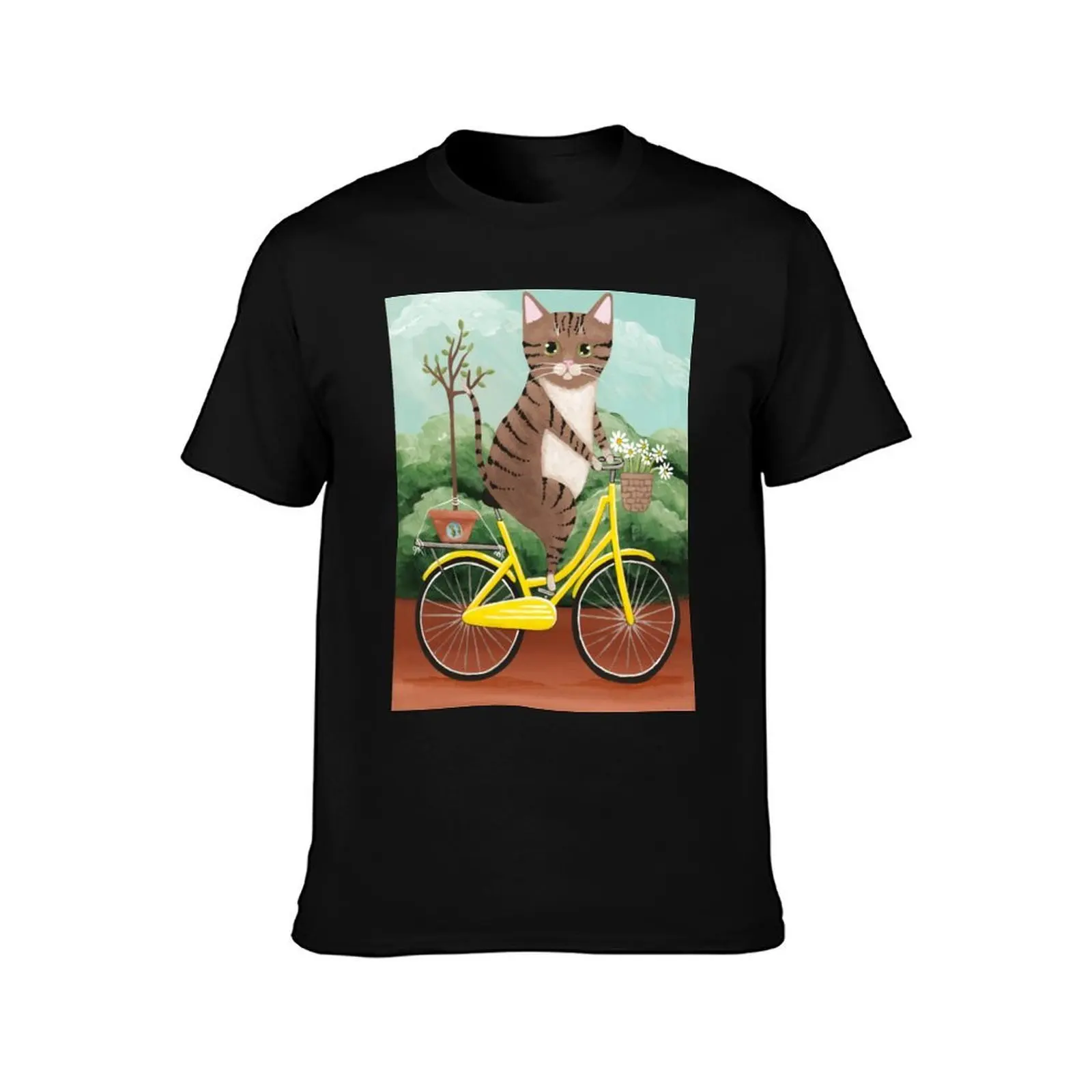 Earth Day Bicycle Ride Cat T-Shirt, Summer Casual Cotton Tee, Oversized Streetwear Tops, Vintage Graphic Print, Unisex Men Women
