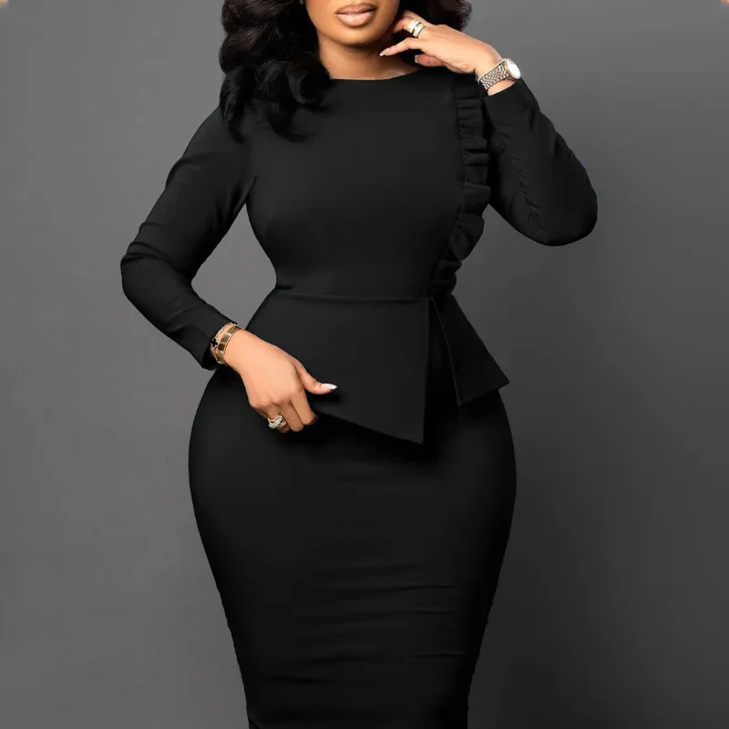 

Customized Women Elegant Dress Bodycon Long Sleeves Peplum Ruffles Spring Package HIp Classy Office Ladies African Summer Gowns