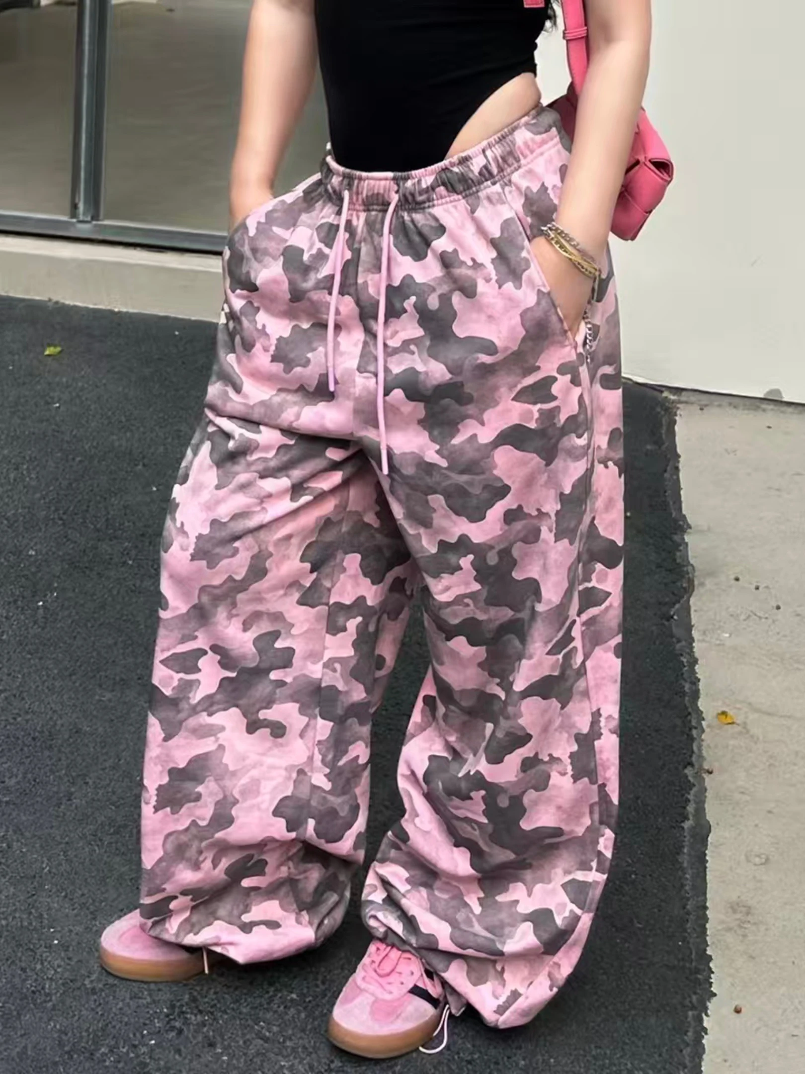 

Spring New plus Size Women's Wide Leg Pants Elastic Waist Harlan Sle Spot Print Loose Slimming Trousers Streetwear Cotton