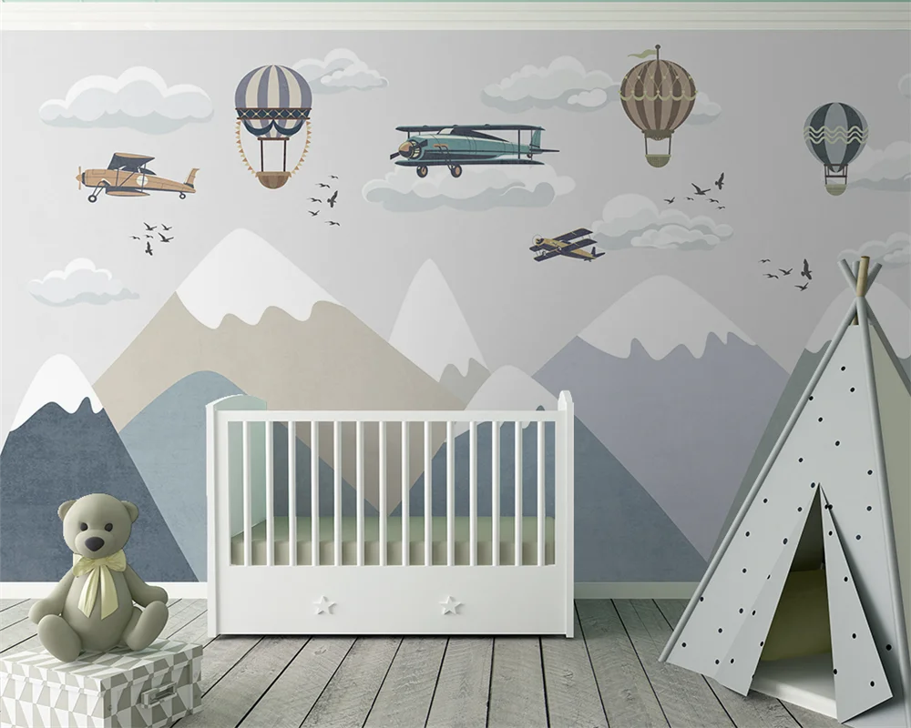 

beibehang papel de parede Customized Modern New Fashion Children Landscape Mountains Plane Clouds Background Wallpaper