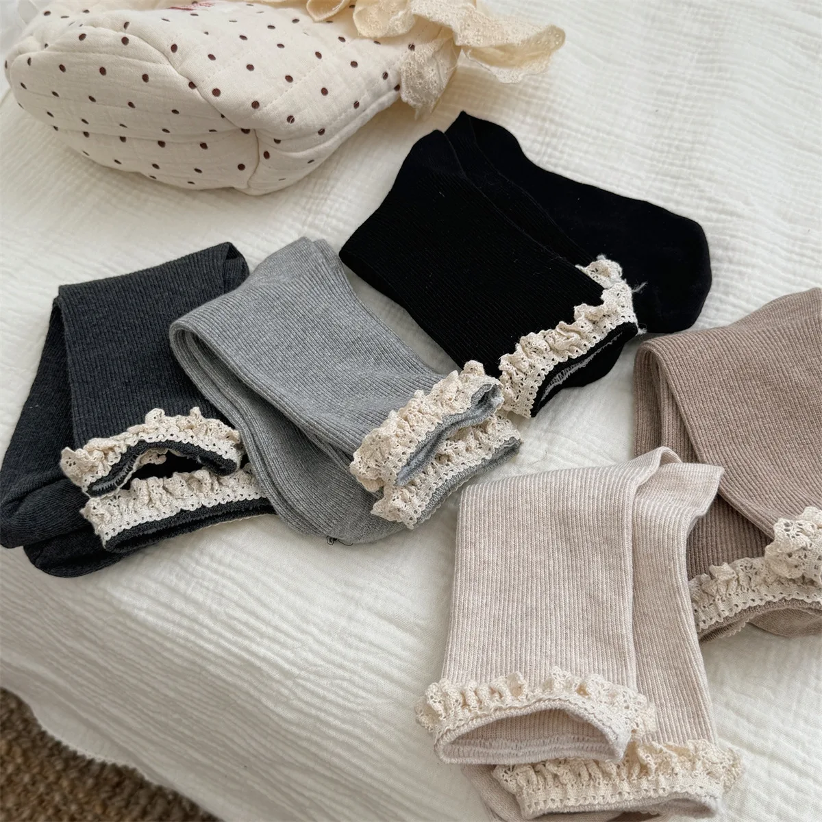 5 Pairs Women's Socks Set Solid Color Simple Sweet Lace Korean For Girl Fashionable Versatile Middle Tube Socks JK Lolita Socks