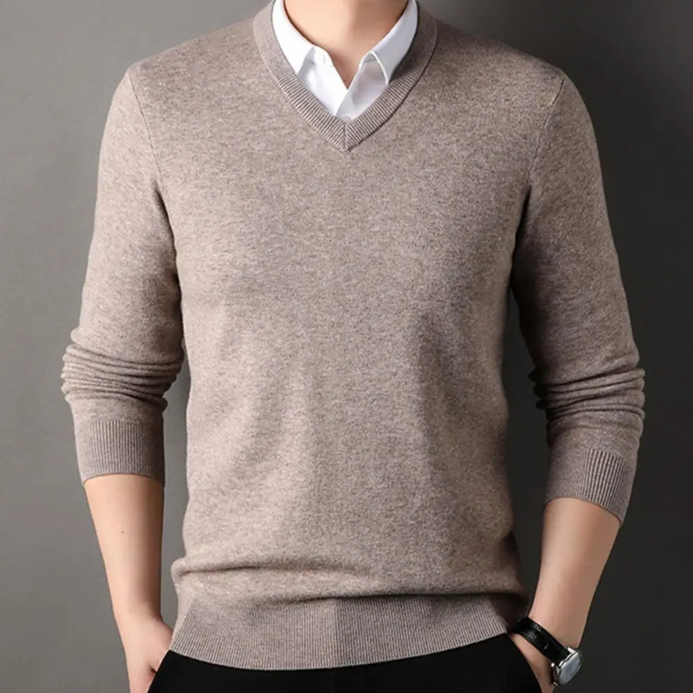 Men Sweater V Neck Knitted Solid Color Elastic Stretchy Pullover Mid Length Formal Business Casual Sweater Men\'s Clothing