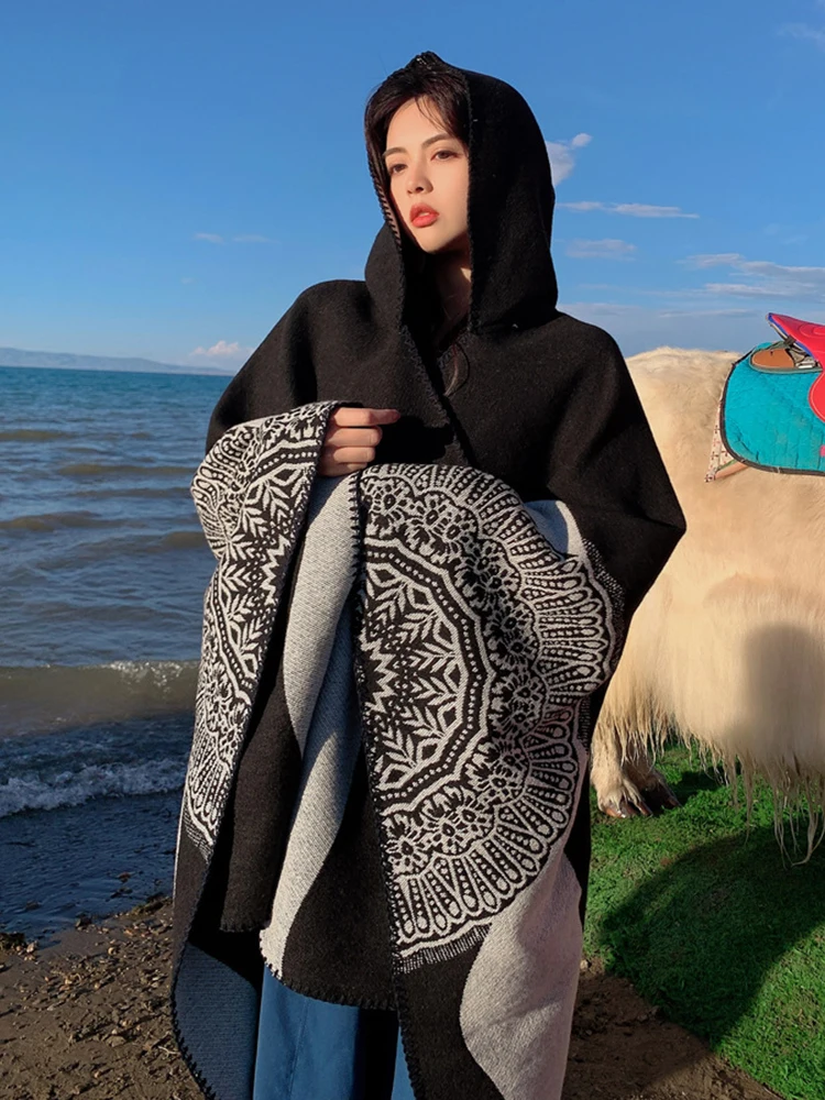 Fashion Imitation Cashmere Women Scarf Winter Boho Hooded Poncho Female Thick Wrap Blanket Capa Para Mujer Pashmina Shawl Chales