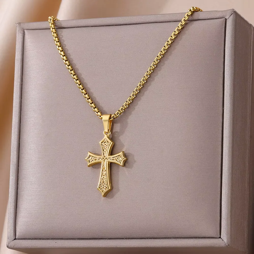 Stainless Steel Cross Necklaces For Women Men Gold Color Religion Charm Choker Necklace Jewelry Gift Bijoux Femme Lucky Gift 