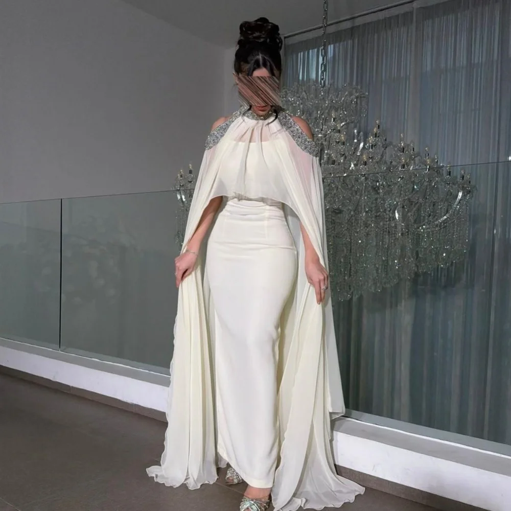 

Customized Beige Sexy Sparkle Chiffon Beading Sequined Mermaid High Collar Ankle Length Evening Dresses For Birthday Party