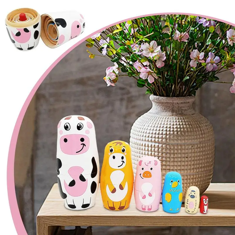 

Nesting Dolls Portable Matryoshka Doll Wooden Animals Handmade Animal Nesting Easter Eggs Cute Cartoon Stacking Toy Set For