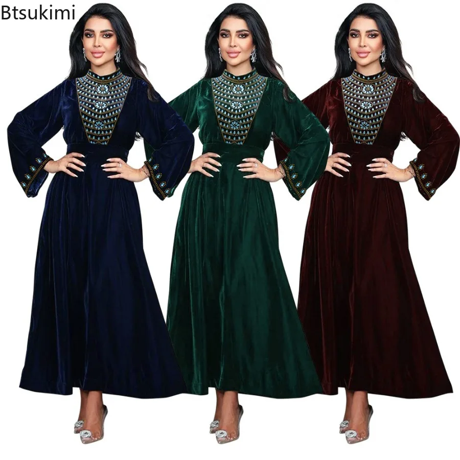 

Muslim Velvet Evening Dress Dubai Long Robe Saudi Arabia Abaya High-end Dinner Party Gown with Blue Teardrop-shaped Rhinestones