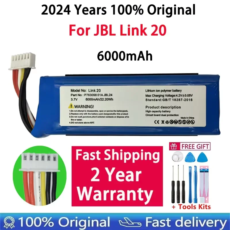 

2024 Years 100% Original Replacement Battery 6000mAh For JBL Link 20 Link20 P763098 01A Genuine Loudspeaker Speaker Bateria