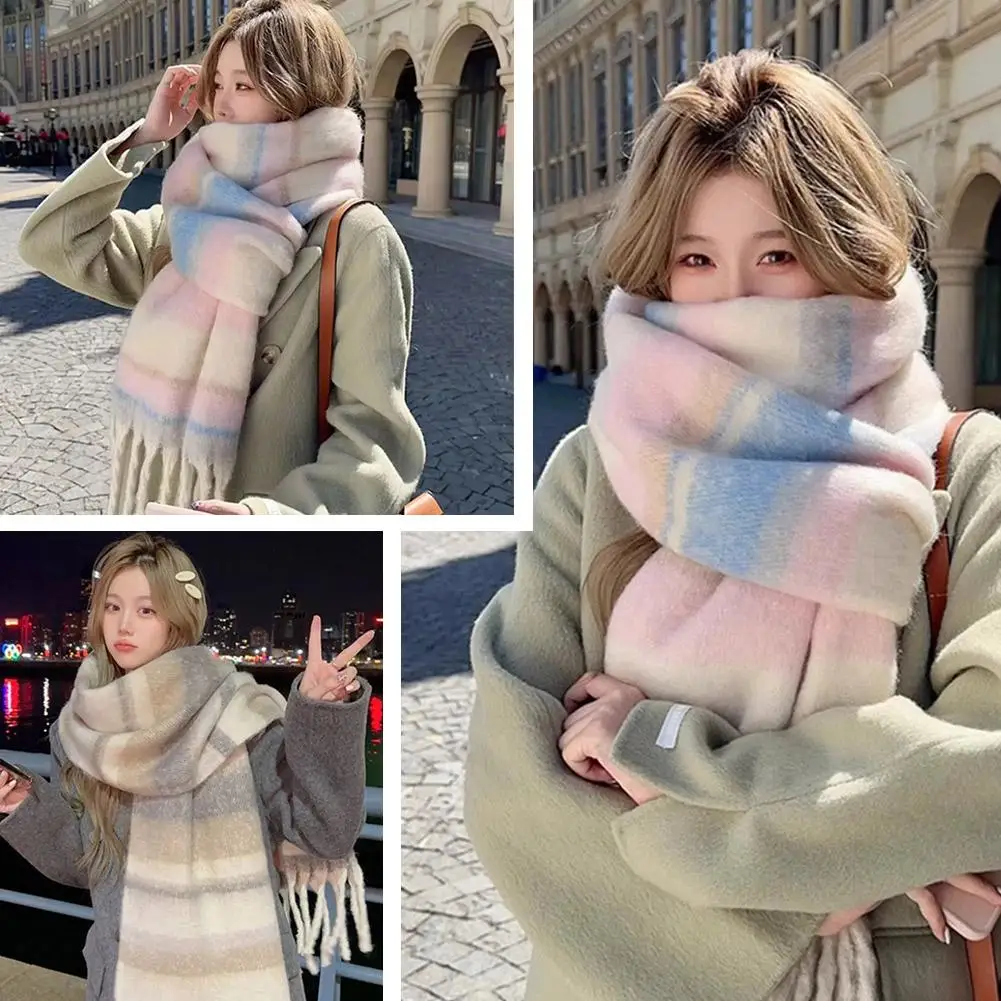 Women's Winter High-End Feel Scarf Autumn/Winter New Fashionable Versatile Angora Necklace Thickened Striped Maillard Pashmina