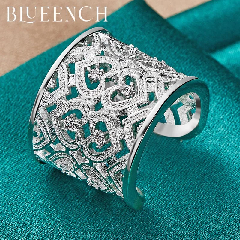 Blueench 925 Sterling Silver Zircon Heart Cutout Adjustable Ring For Women Proposal Wedding Fashion Charm Jewelry