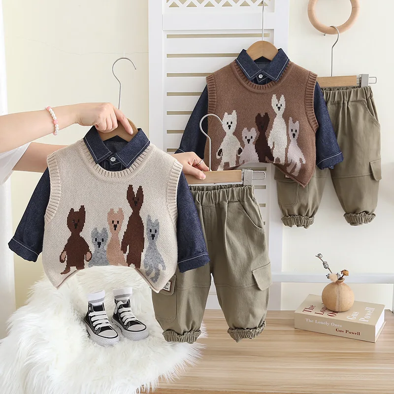 

Boys Clothing Sets Spring Autumn 2024 Children Knitted Vest Shirts Pants 3pcs Casual Suit For Baby Tracksuits Kids Outfits 5 6Y