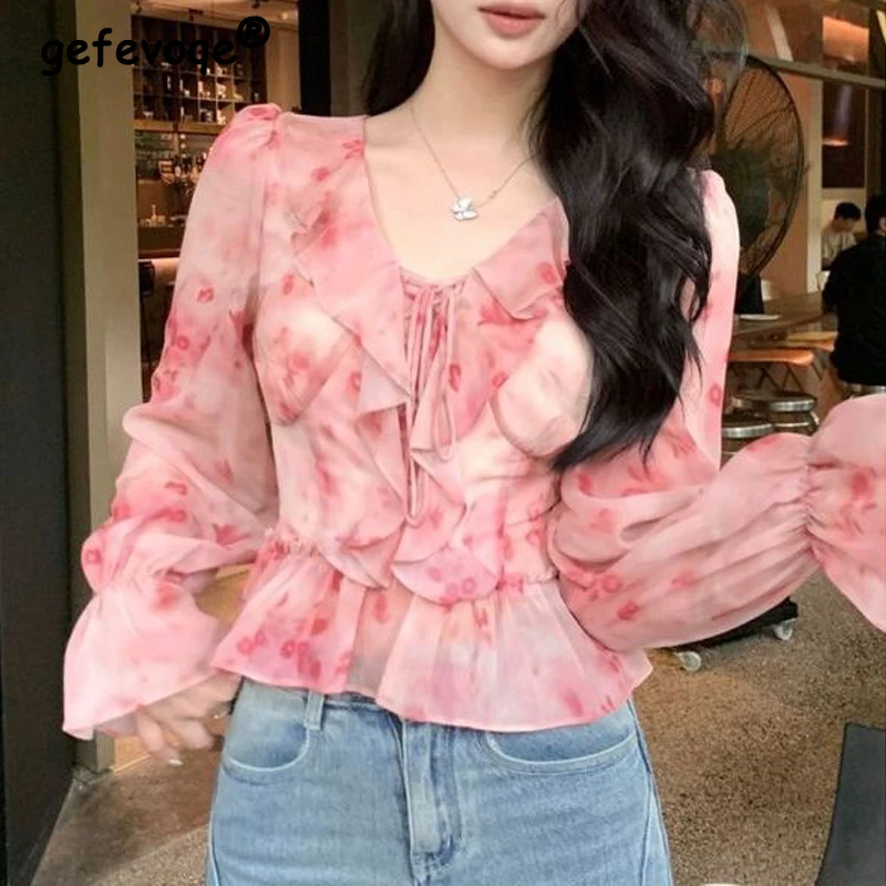 Women Stylish Floral Print Ruffles Lace Up Blouses Elegant Chic Sweet Slim Shirts Fairy V Neck Long Sleeve Chiffon Tops Female