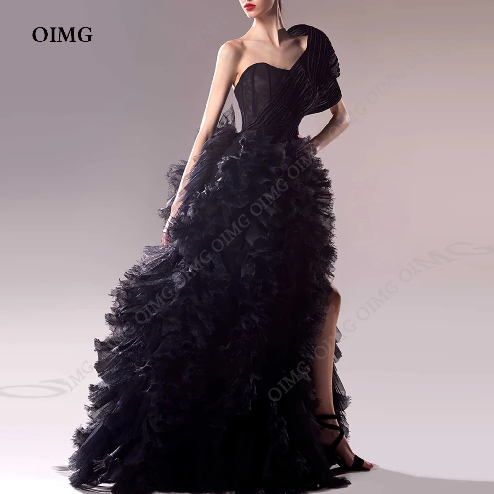 OIMG Vintage Black Tulle Tiered Prom Evening Dresses One Shoulder Ruched Women Plus Size Formal Party Gowns Floor Length Vestido