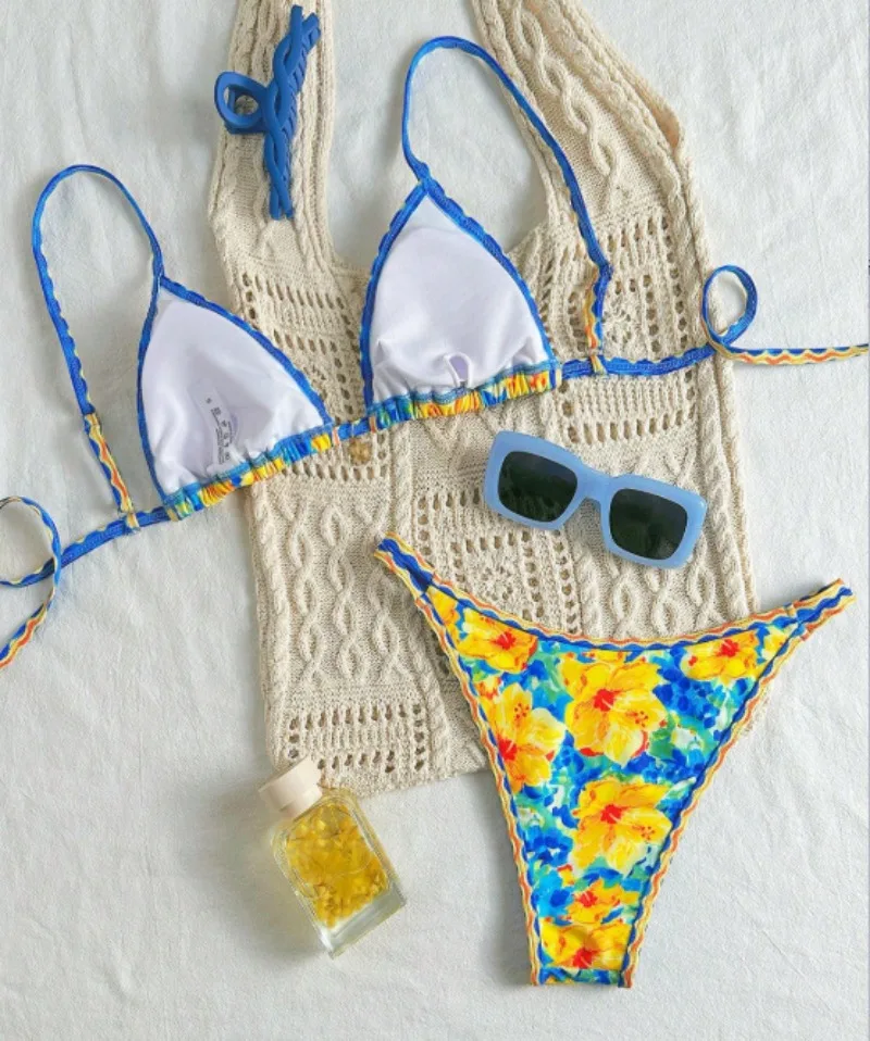 sexy blue yellow flower print bikinis sets two pieces tie thong swimsuit Brazilian summer bathing suit swimwear swimming suit