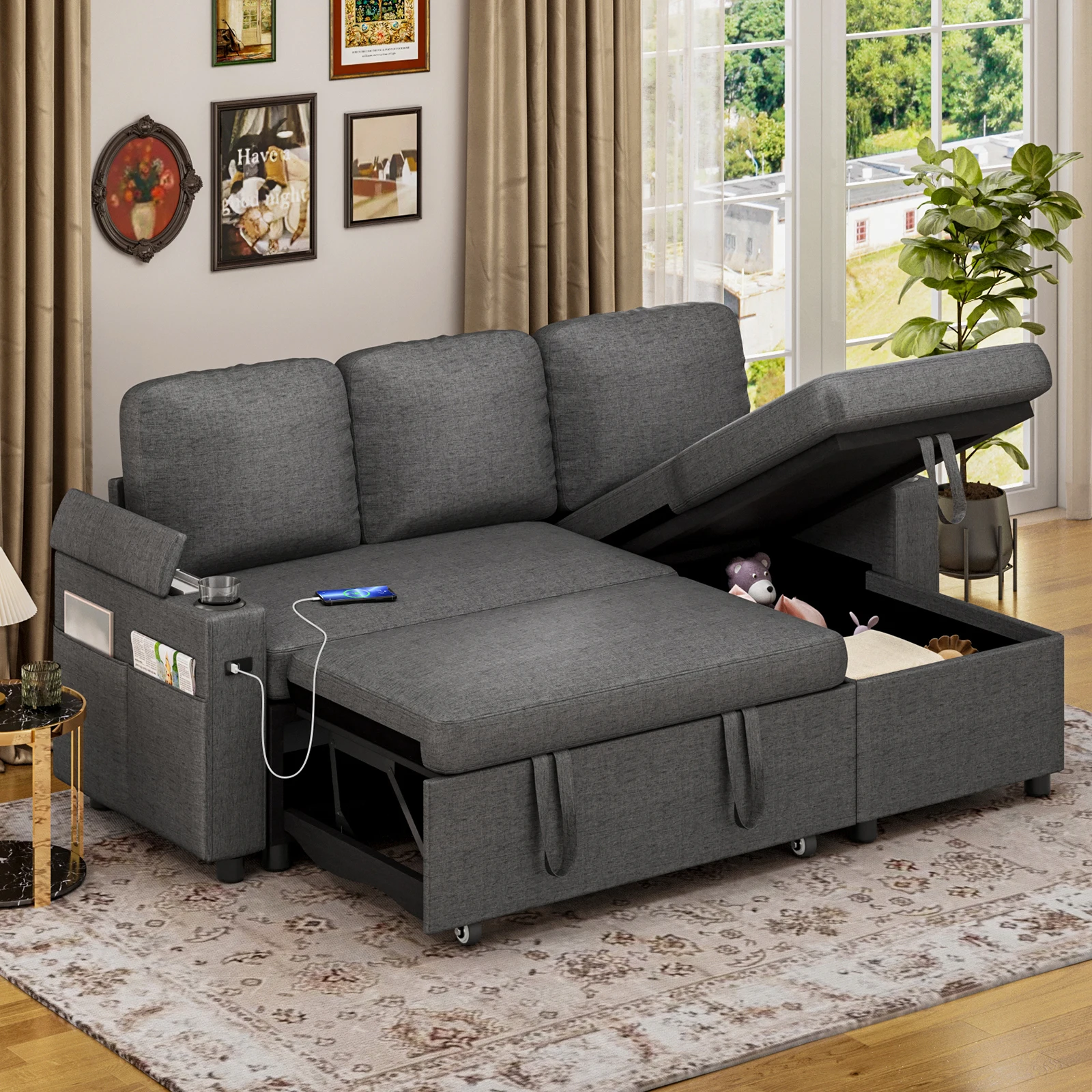 Sofa Bed, L-Shaped Sleeper Sectional Couch Bed,2-in-1 Convertible Pull Out